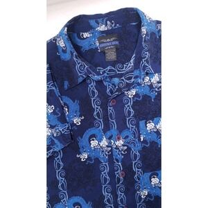 Extreme Gear Vintage‎ Hawaiian Shirt Mens XL Blue Dragons Waves Tribal Y2K Short